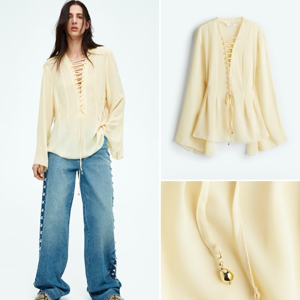 H&M LACING-DETAIL CHIFFON BLOUSE PALE YELLOW